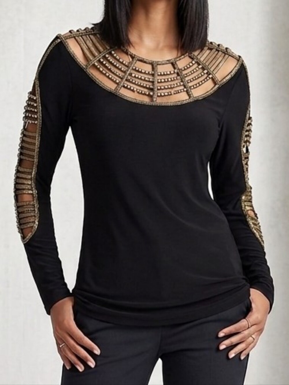 [[Isabella Rodriguez]] Vintage Black Top with Gold Beaded Cutout Details